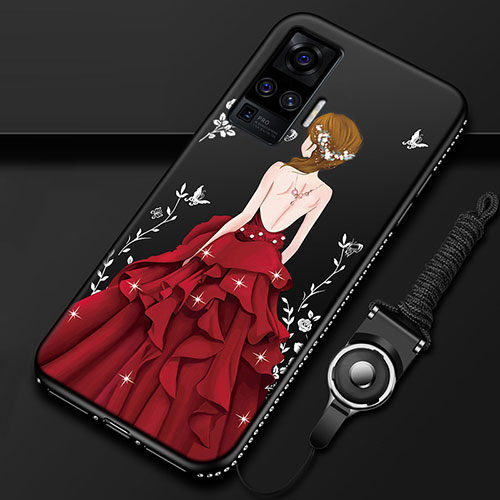 Silicone Candy Rubber Gel Dress Party Girl Soft Case Cover for Vivo X50 Pro 5G Red and Black