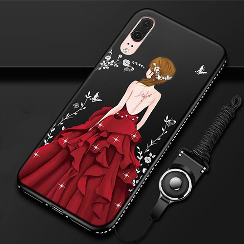 Silicone Candy Rubber Gel Dress Party Girl Soft Case Cover K02 for Huawei P20 Red and Black