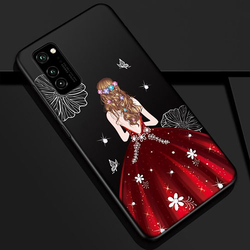 Silicone Candy Rubber Gel Dress Party Girl Soft Case Cover S01 for Huawei Honor View 30 5G Red and Black