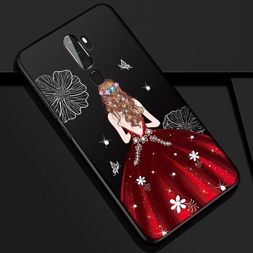 Silicone Candy Rubber Gel Dress Party Girl Soft Case Cover S01 for Oppo A5 (2020) Red and Black