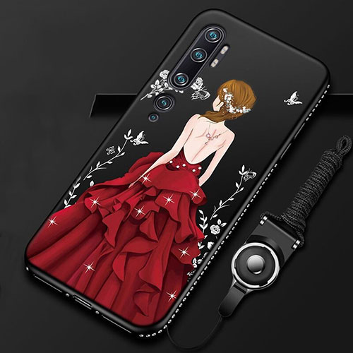 Silicone Candy Rubber Gel Dress Party Girl Soft Case Cover S01 for Xiaomi Mi Note 10 Red and Black