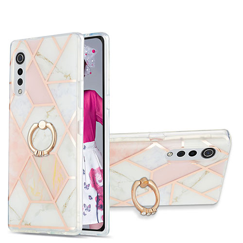 Silicone Candy Rubber Gel Fashionable Pattern Soft Case Cover with Finger Ring Stand Y01B for LG Velvet 4G Pink