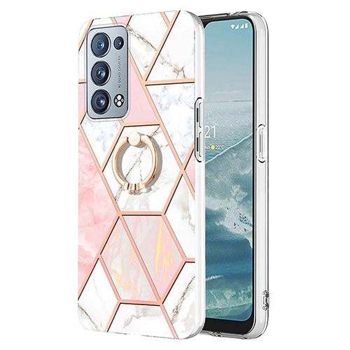 Silicone Candy Rubber Gel Fashionable Pattern Soft Case Cover with Finger Ring Stand Y01B for Oppo Reno6 Pro 5G Pink