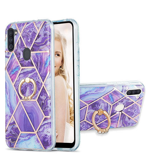 Silicone Candy Rubber Gel Fashionable Pattern Soft Case Cover with Finger Ring Stand Y01B for Samsung Galaxy A11 Purple
