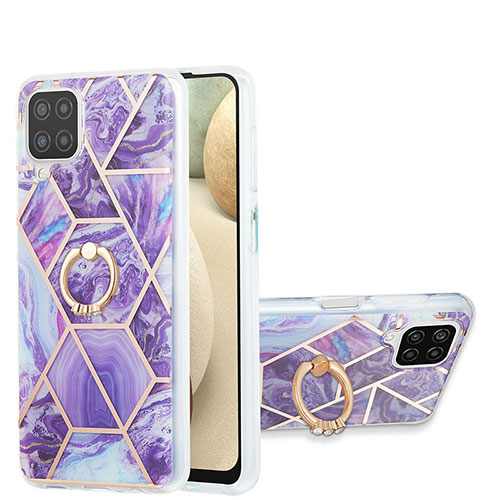 Silicone Candy Rubber Gel Fashionable Pattern Soft Case Cover with Finger Ring Stand Y01B for Samsung Galaxy A12 Purple