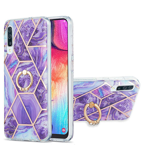 Silicone Candy Rubber Gel Fashionable Pattern Soft Case Cover with Finger Ring Stand Y01B for Samsung Galaxy A50S Purple