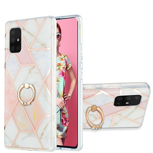 Silicone Candy Rubber Gel Fashionable Pattern Soft Case Cover with Finger Ring Stand Y01B for Samsung Galaxy A71 5G Pink