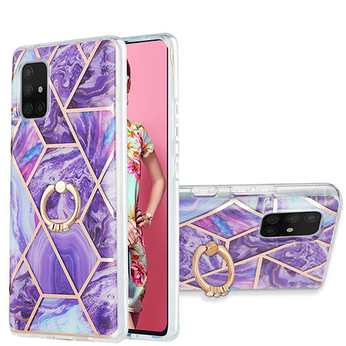 Silicone Candy Rubber Gel Fashionable Pattern Soft Case Cover with Finger Ring Stand Y01B for Samsung Galaxy A71 5G Purple