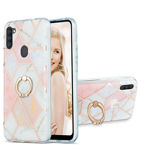 Silicone Candy Rubber Gel Fashionable Pattern Soft Case Cover with Finger Ring Stand Y01B for Samsung Galaxy M11 Pink