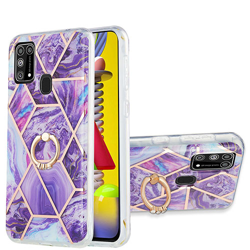 Silicone Candy Rubber Gel Fashionable Pattern Soft Case Cover with Finger Ring Stand Y01B for Samsung Galaxy M21s Purple