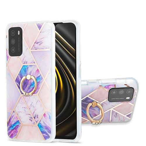 Silicone Candy Rubber Gel Fashionable Pattern Soft Case Cover with Finger Ring Stand Y01B for Xiaomi Poco M3 Clove Purple