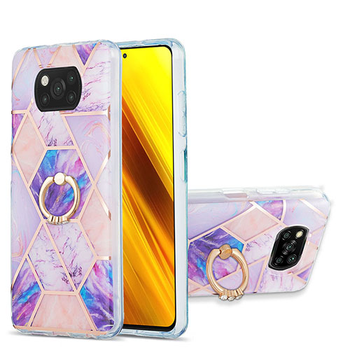 Silicone Candy Rubber Gel Fashionable Pattern Soft Case Cover with Finger Ring Stand Y01B for Xiaomi Poco X3 NFC Clove Purple