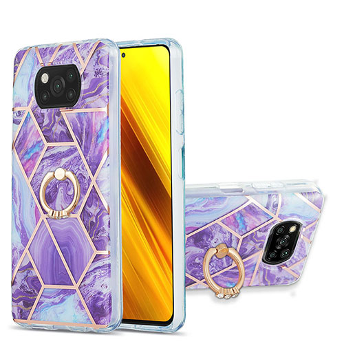 Silicone Candy Rubber Gel Fashionable Pattern Soft Case Cover with Finger Ring Stand Y01B for Xiaomi Poco X3 NFC Purple