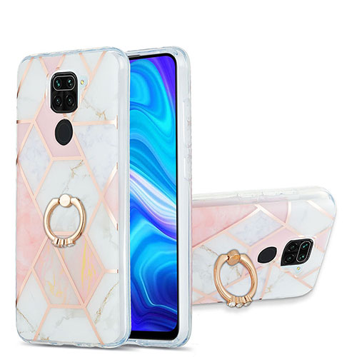 Silicone Candy Rubber Gel Fashionable Pattern Soft Case Cover with Finger Ring Stand Y01B for Xiaomi Redmi Note 9 Pink