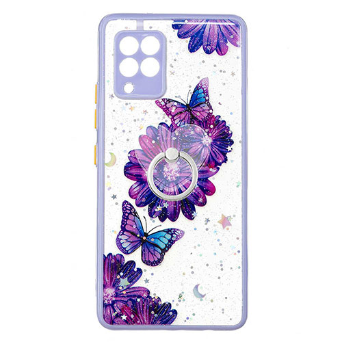 Silicone Candy Rubber Gel Fashionable Pattern Soft Case Cover with Finger Ring Stand Y01X for Samsung Galaxy A42 5G Purple