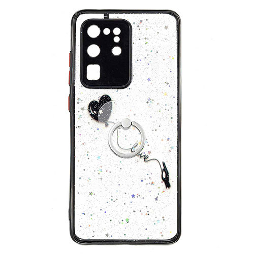 Silicone Candy Rubber Gel Fashionable Pattern Soft Case Cover with Finger Ring Stand Y01X for Samsung Galaxy S20 Ultra 5G Black