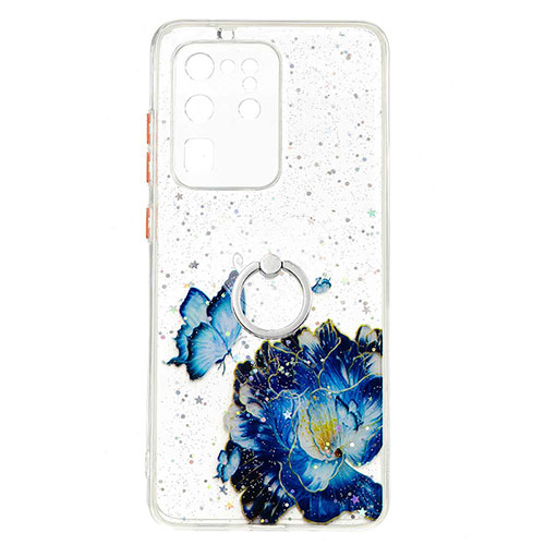 Silicone Candy Rubber Gel Fashionable Pattern Soft Case Cover with Finger Ring Stand Y01X for Samsung Galaxy S20 Ultra 5G Blue