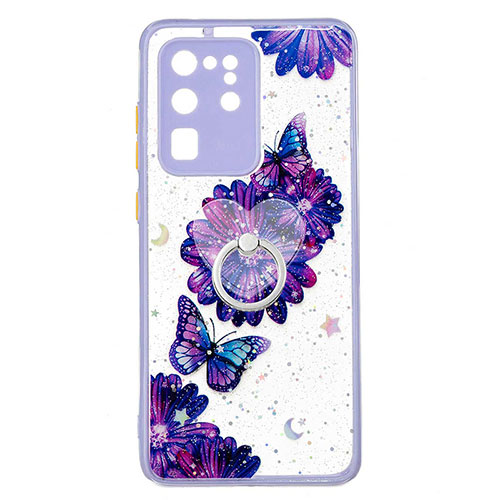 Silicone Candy Rubber Gel Fashionable Pattern Soft Case Cover with Finger Ring Stand Y01X for Samsung Galaxy S20 Ultra 5G Purple