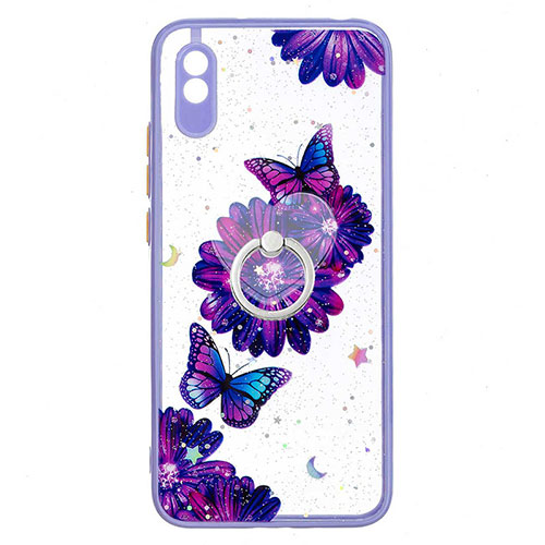 Silicone Candy Rubber Gel Fashionable Pattern Soft Case Cover with Finger Ring Stand Y01X for Xiaomi Redmi 9AT Purple