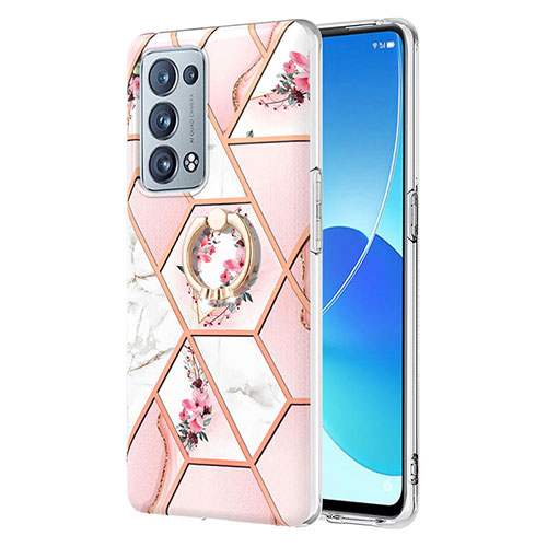 Silicone Candy Rubber Gel Fashionable Pattern Soft Case Cover with Finger Ring Stand Y02B for Oppo Reno6 Pro 5G Pink