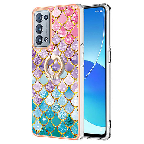 Silicone Candy Rubber Gel Fashionable Pattern Soft Case Cover with Finger Ring Stand Y03B for Oppo Reno6 Pro 5G Colorful