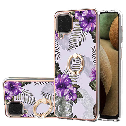 Silicone Candy Rubber Gel Fashionable Pattern Soft Case Cover with Finger Ring Stand Y03B for Samsung Galaxy A12 5G Purple