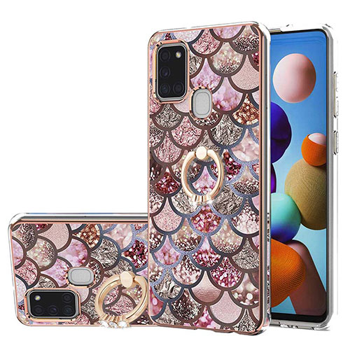 Silicone Candy Rubber Gel Fashionable Pattern Soft Case Cover with Finger Ring Stand Y03B for Samsung Galaxy A21s Brown