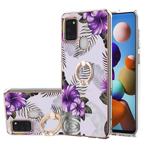 Silicone Candy Rubber Gel Fashionable Pattern Soft Case Cover with Finger Ring Stand Y03B for Samsung Galaxy A21s Purple