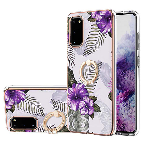 Silicone Candy Rubber Gel Fashionable Pattern Soft Case Cover with Finger Ring Stand Y03B for Samsung Galaxy S20 5G Purple