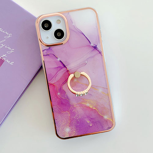 Silicone Candy Rubber Gel Fashionable Pattern Soft Case Cover with Finger Ring Stand Y05B for Apple iPhone 14 Clove Purple