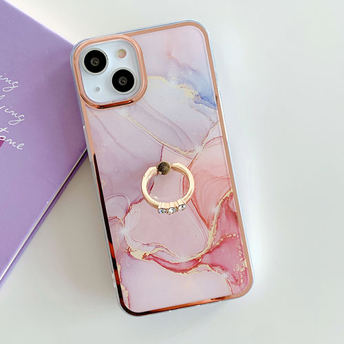 Silicone Candy Rubber Gel Fashionable Pattern Soft Case Cover with Finger Ring Stand Y05B for Apple iPhone 14 Plus Pink