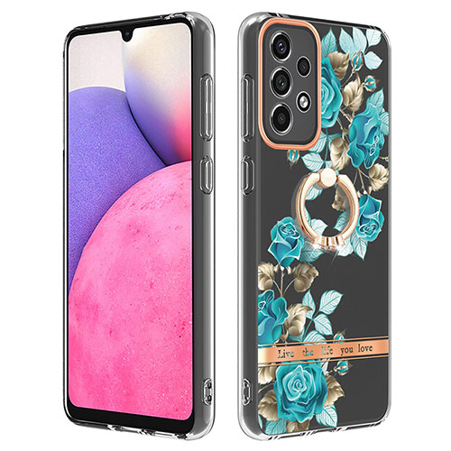 Silicone Candy Rubber Gel Fashionable Pattern Soft Case Cover with Finger Ring Stand Y06B for Samsung Galaxy A33 5G Cyan