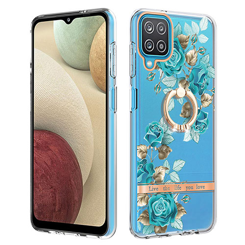 Silicone Candy Rubber Gel Fashionable Pattern Soft Case Cover with Finger Ring Stand Y06B for Samsung Galaxy M12 Cyan