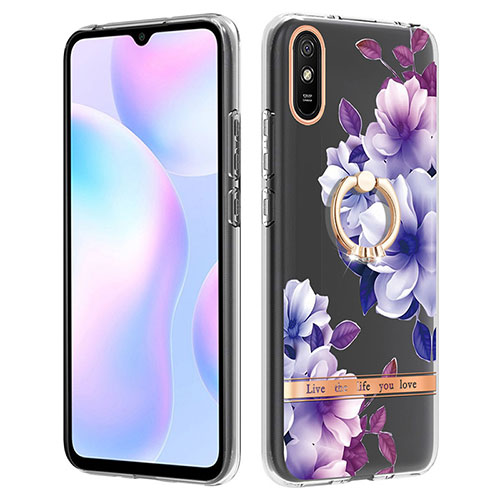Silicone Candy Rubber Gel Fashionable Pattern Soft Case Cover with Finger Ring Stand Y06B for Xiaomi Redmi 9A Purple