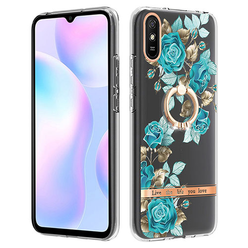 Silicone Candy Rubber Gel Fashionable Pattern Soft Case Cover with Finger Ring Stand Y06B for Xiaomi Redmi 9AT Cyan
