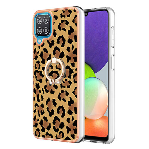 Silicone Candy Rubber Gel Fashionable Pattern Soft Case Cover with Finger Ring Stand YB2 for Samsung Galaxy A12 Brown