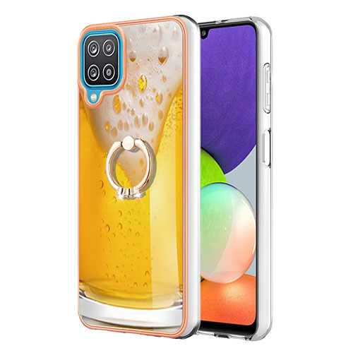 Silicone Candy Rubber Gel Fashionable Pattern Soft Case Cover with Finger Ring Stand YB2 for Samsung Galaxy A12 Nacho Yellow