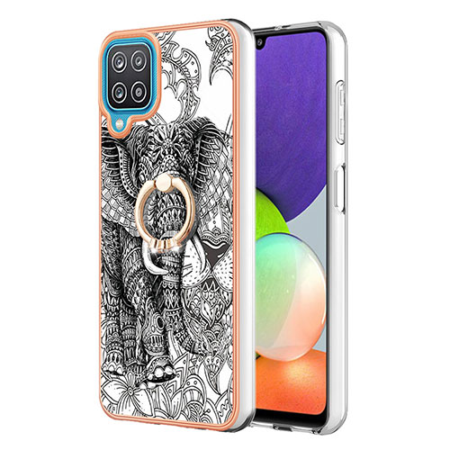 Silicone Candy Rubber Gel Fashionable Pattern Soft Case Cover with Finger Ring Stand YB2 for Samsung Galaxy F12 Gray