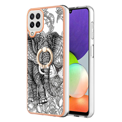 Silicone Candy Rubber Gel Fashionable Pattern Soft Case Cover with Finger Ring Stand YB2 for Samsung Galaxy M32 4G Gray