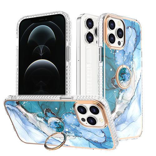 Silicone Candy Rubber Gel Fashionable Pattern Soft Case Cover with Finger Ring Stand YJ1 for Apple iPhone 13 Pro Max Blue