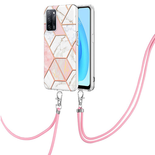 Silicone Candy Rubber Gel Fashionable Pattern Soft Case Cover with Lanyard Strap Y01B for Oppo A56 5G Pink