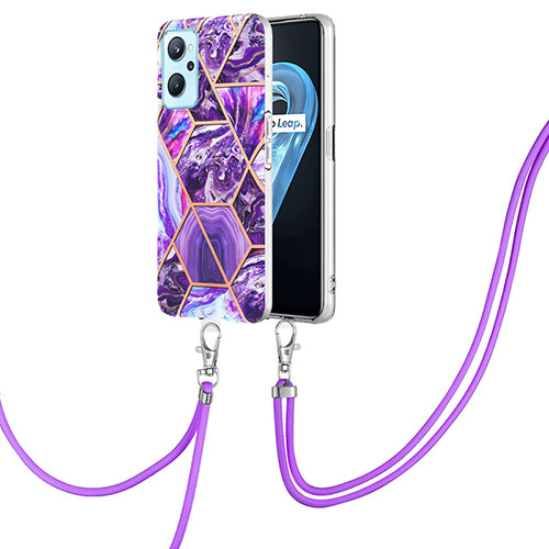Silicone Candy Rubber Gel Fashionable Pattern Soft Case Cover with Lanyard Strap Y01B for Oppo A96 4G Purple