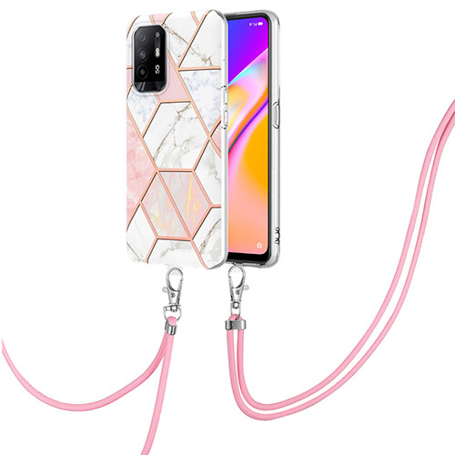 Silicone Candy Rubber Gel Fashionable Pattern Soft Case Cover with Lanyard Strap Y01B for Oppo Reno5 Z 5G Pink