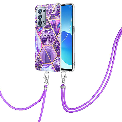 Silicone Candy Rubber Gel Fashionable Pattern Soft Case Cover with Lanyard Strap Y01B for Oppo Reno6 Pro 5G Purple
