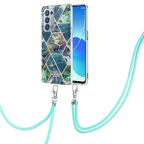 Silicone Candy Rubber Gel Fashionable Pattern Soft Case Cover with Lanyard Strap Y01B for Oppo Reno6 Pro+ Plus 5G Midnight Green