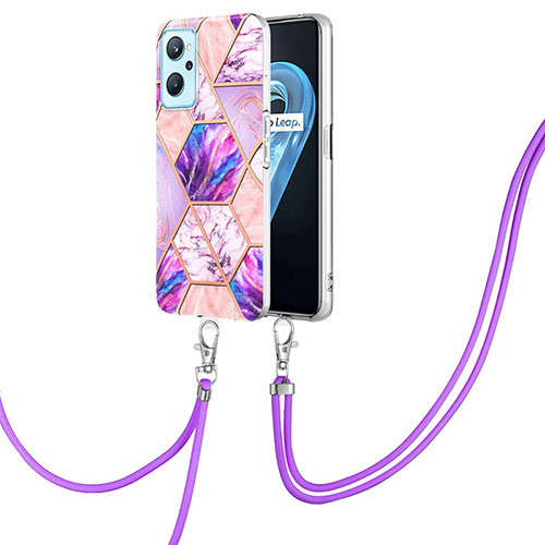 Silicone Candy Rubber Gel Fashionable Pattern Soft Case Cover with Lanyard Strap Y01B for Realme 9i 4G Clove Purple