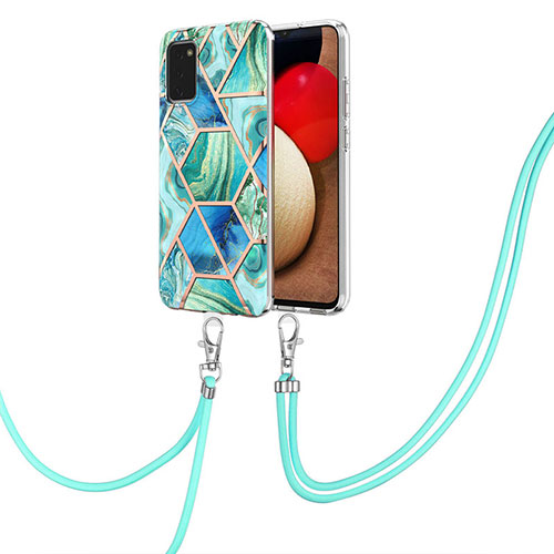 Silicone Candy Rubber Gel Fashionable Pattern Soft Case Cover with Lanyard Strap Y01B for Samsung Galaxy A02s Green