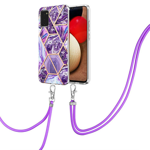 Silicone Candy Rubber Gel Fashionable Pattern Soft Case Cover with Lanyard Strap Y01B for Samsung Galaxy A02s Purple