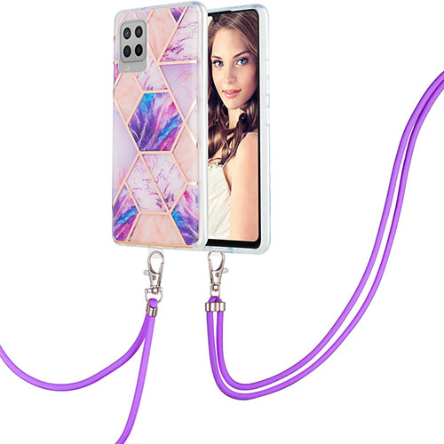 Silicone Candy Rubber Gel Fashionable Pattern Soft Case Cover with Lanyard Strap Y01B for Samsung Galaxy A42 5G Clove Purple