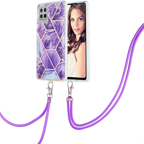 Silicone Candy Rubber Gel Fashionable Pattern Soft Case Cover with Lanyard Strap Y01B for Samsung Galaxy A42 5G Purple